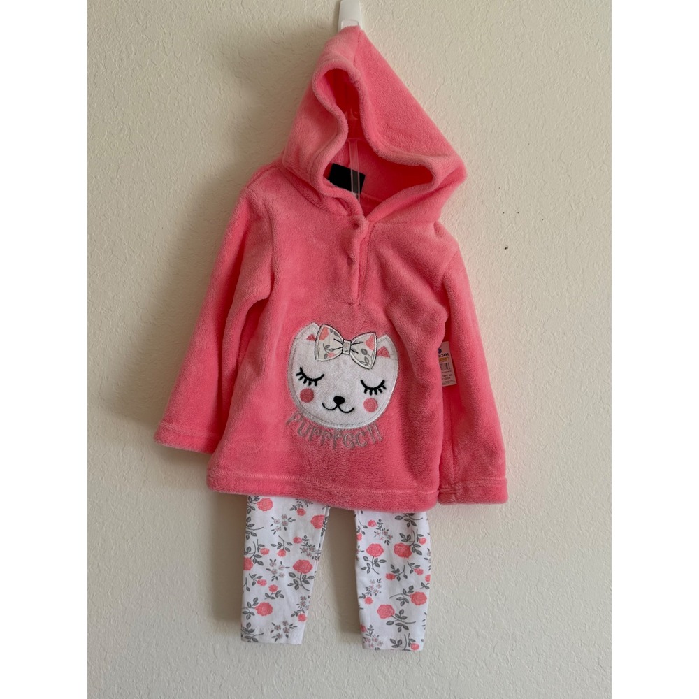 DDG Darlings Baby Girls Pink Fleece Cat Hoodie and Floral Leggings Set 24M